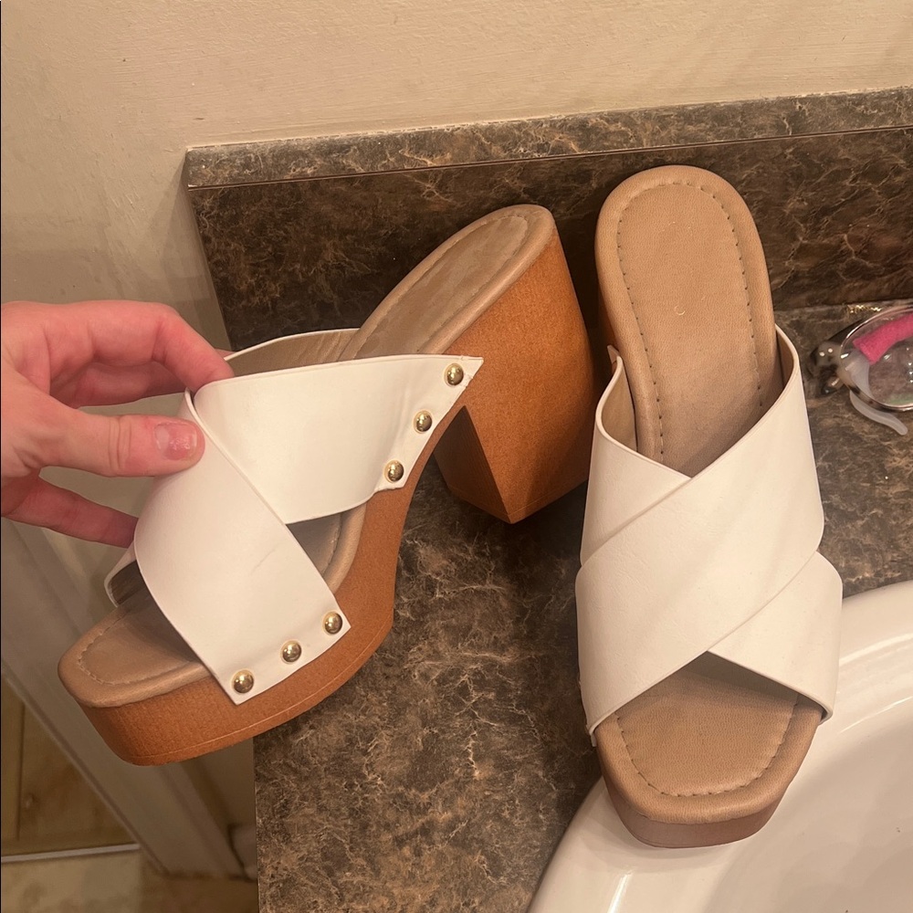 Pink Lily White and Tan Heeled Sandals